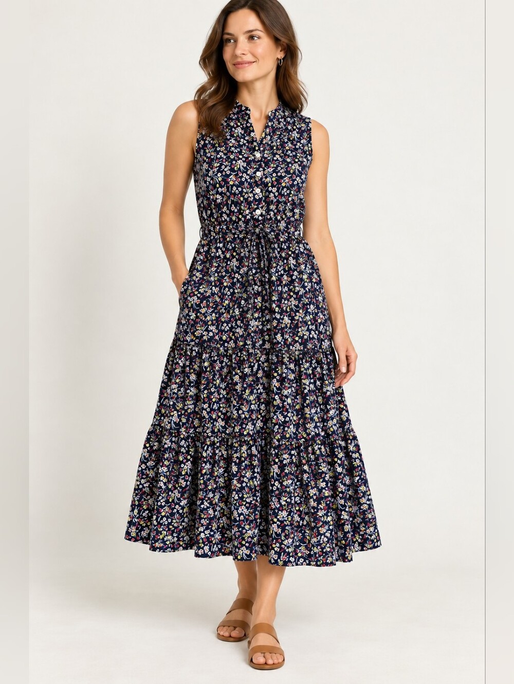 CHAPS M Navy Floral Sleeveless Button Front Tiered Maxi Dress Tie Waist